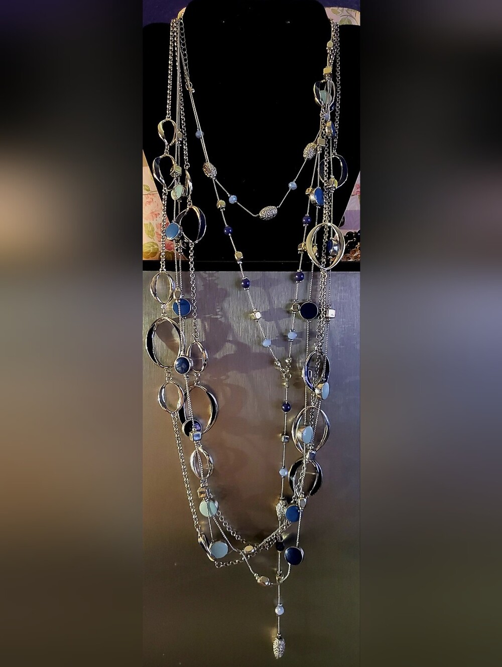 Set of 3 Blue & Silver-Tone Beaded Statement Necklaces Lot | Layering / Bohemian